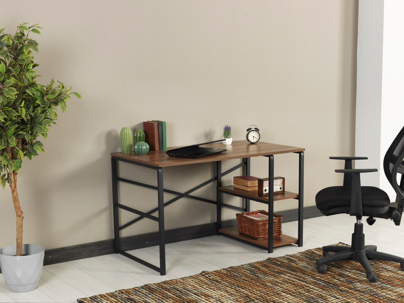 Sage Black Metal Frame 47" Walnut Wooden Top Writing Desk with 2 Shelves for Home Office