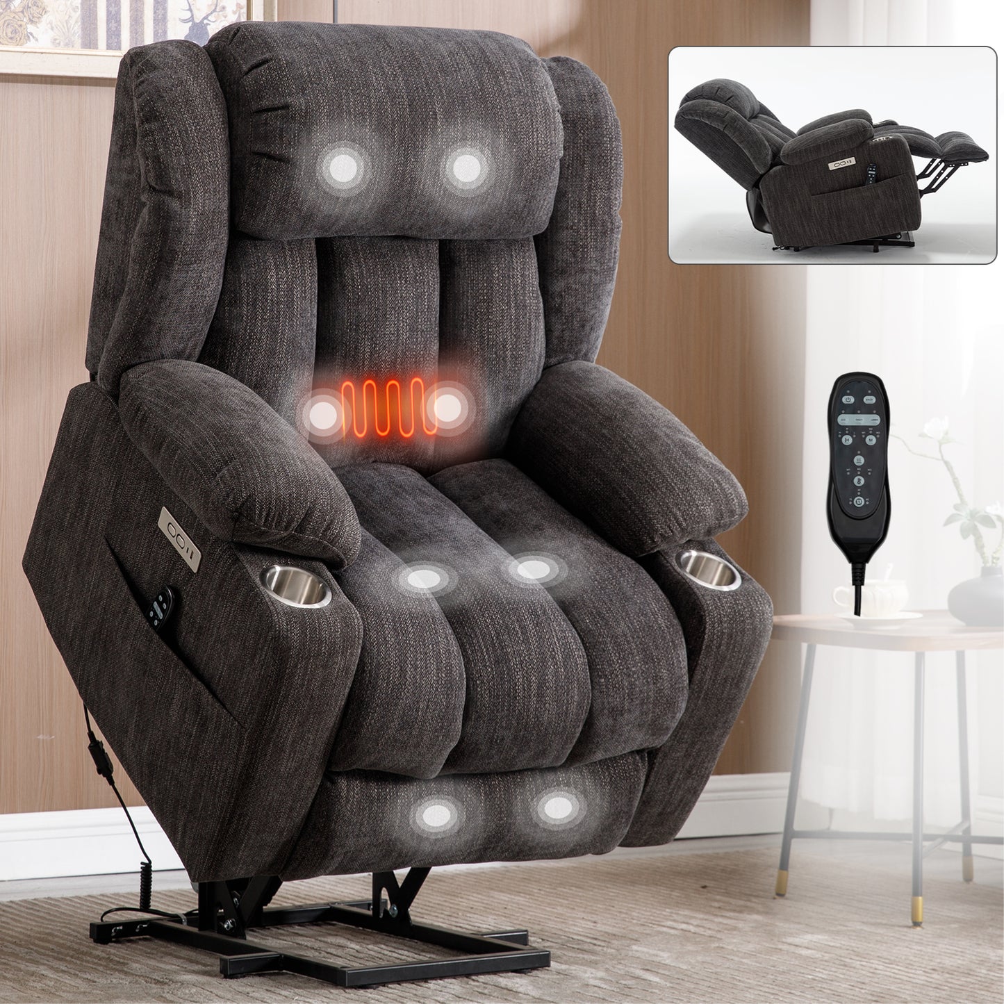 Power Lift Recliner with 350 LBS, 8-Point Massage, Lumbar Heat, USB Ports, Cup Holders, Chenille, Grey