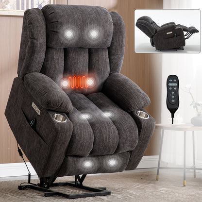 Power Lift Recliner with 350 LBS, 8-Point Massage, Lumbar Heat, USB Ports, Cup Holders, Chenille, Grey