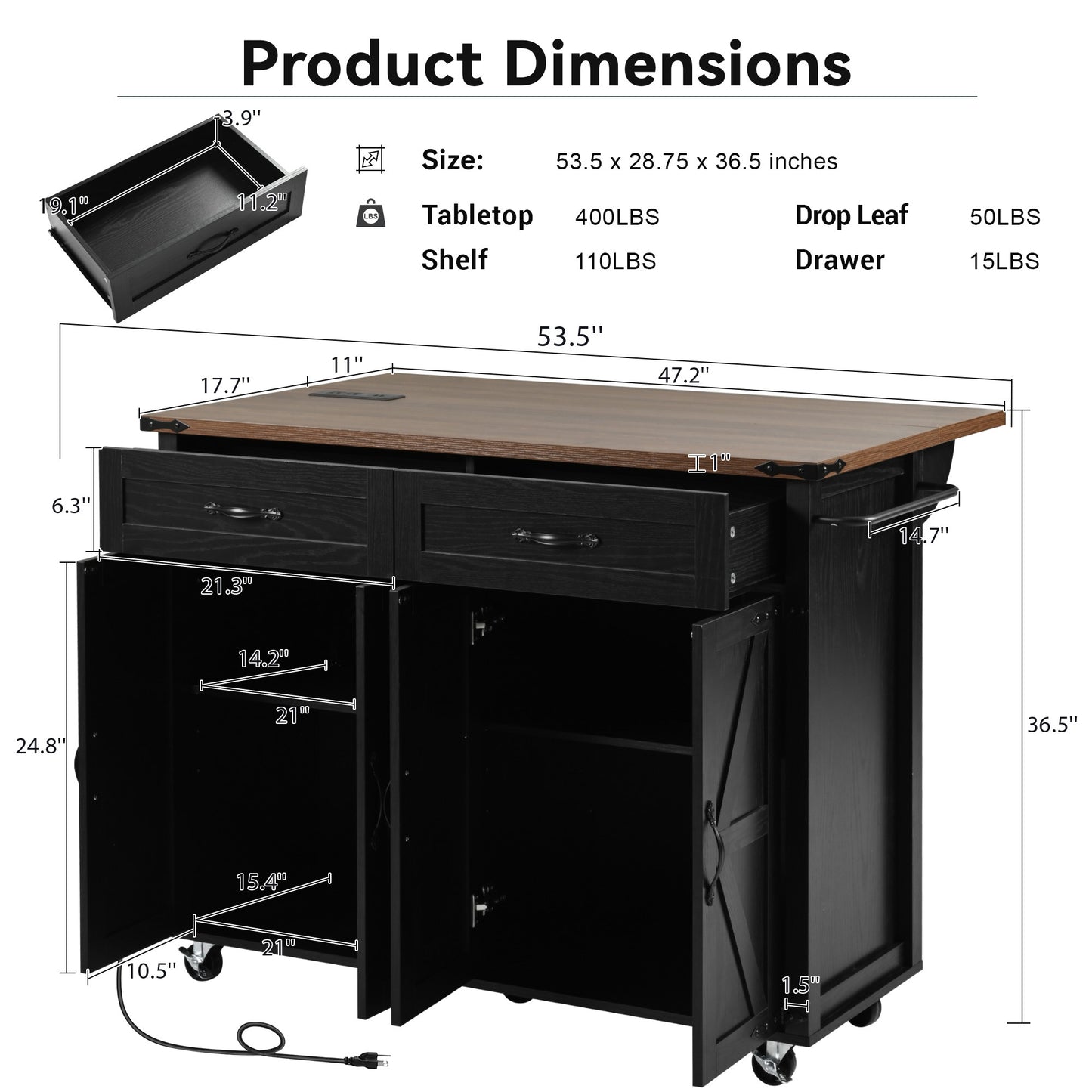 Rolling Farmhouse Kitchen Island with Power Outlet, Drop Leaf Design, Ample Storage, and Spice Rack - Black