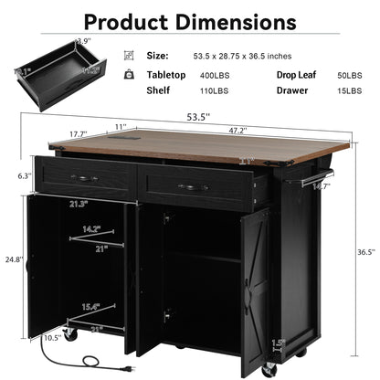 Rolling Farmhouse Kitchen Island with Power Outlet, Drop Leaf Design, Ample Storage, and Spice Rack - Black