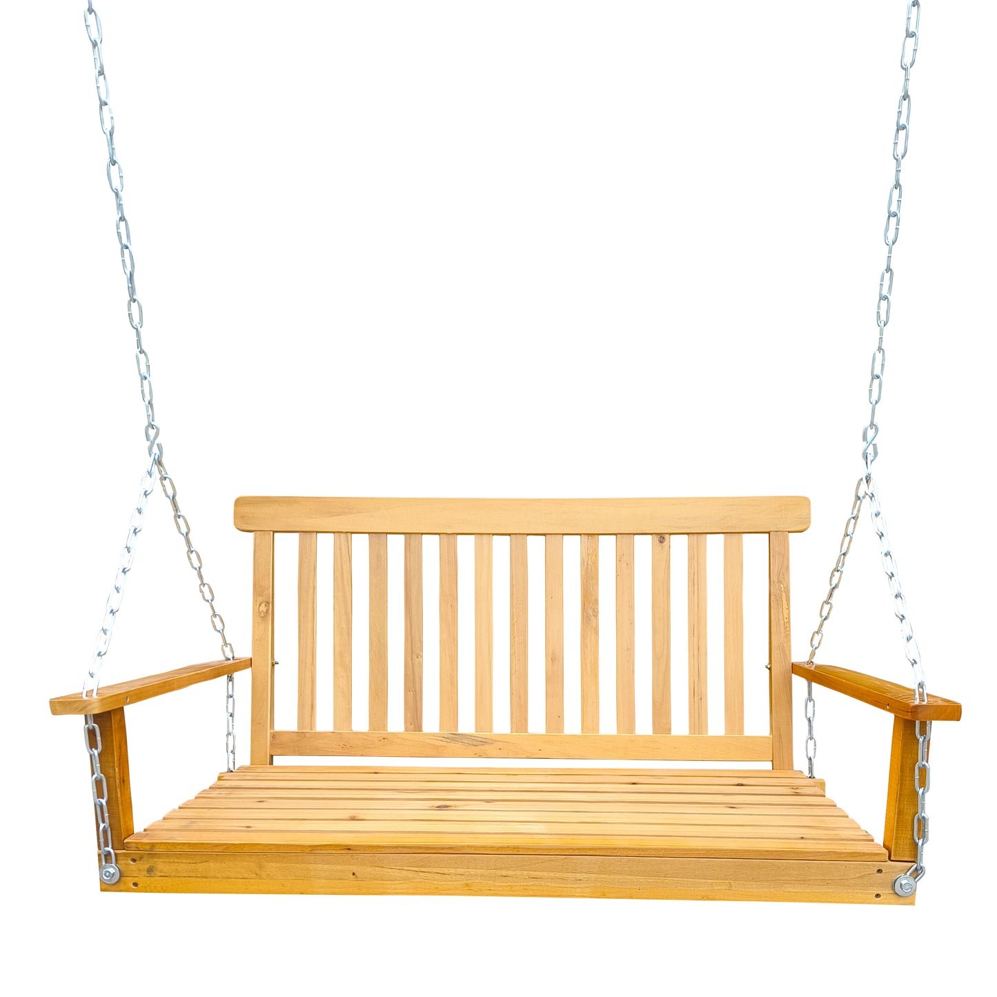 Outdoor Solid Wood Porch Swing With Armrests And Hanging Chains For Patio Or Garden, 47 Inch Long Teak