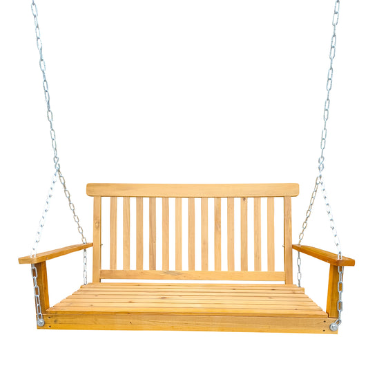 Outdoor Solid Wood Porch Swing With Armrests And Hanging Chains For Patio Or Garden, 47 Inch Long Teak