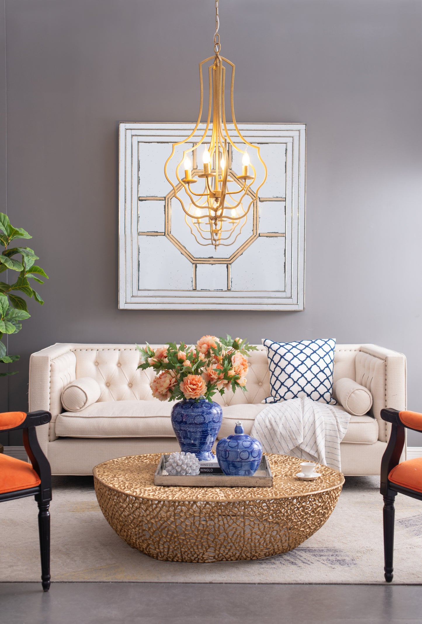 4-Light Iron Chandelier with Chain for Kitchen/Dining, 19.5in Square, 35in Height, 60W E12 Antique Gold