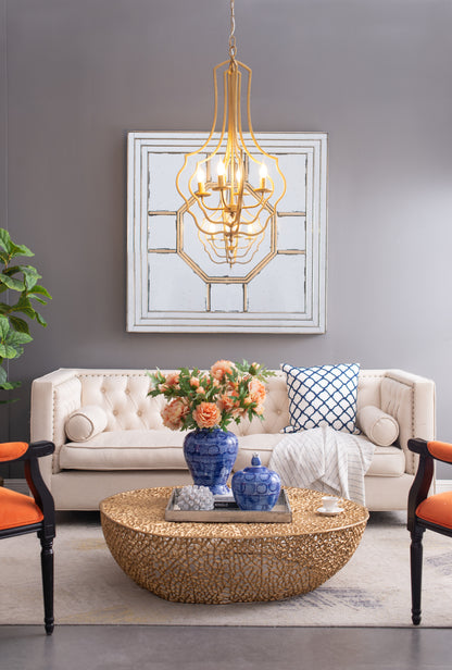 4-Light Iron Chandelier with Chain for Kitchen/Dining, 19.5in Square, 35in Height, 60W E12 Antique Gold