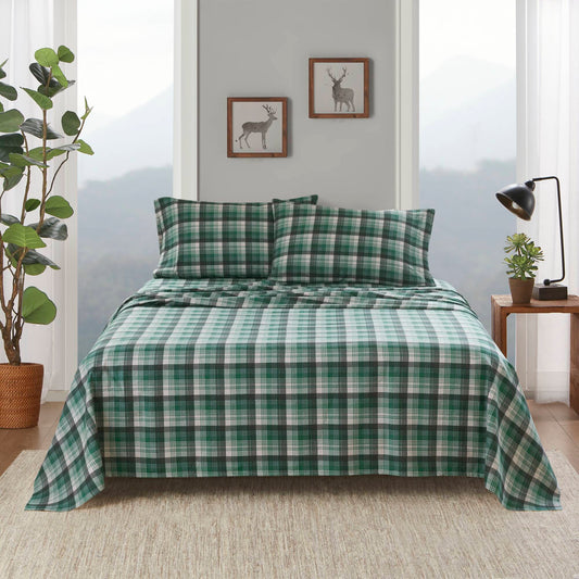 Cal King 4-Piece Cotton Flannel Sheet Set - 14in Deep Fitted - Flat Sheet & 2 Pillowcases - Green Plaid