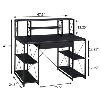 Modern Black Writing Desk with Open Storage and Metal Base