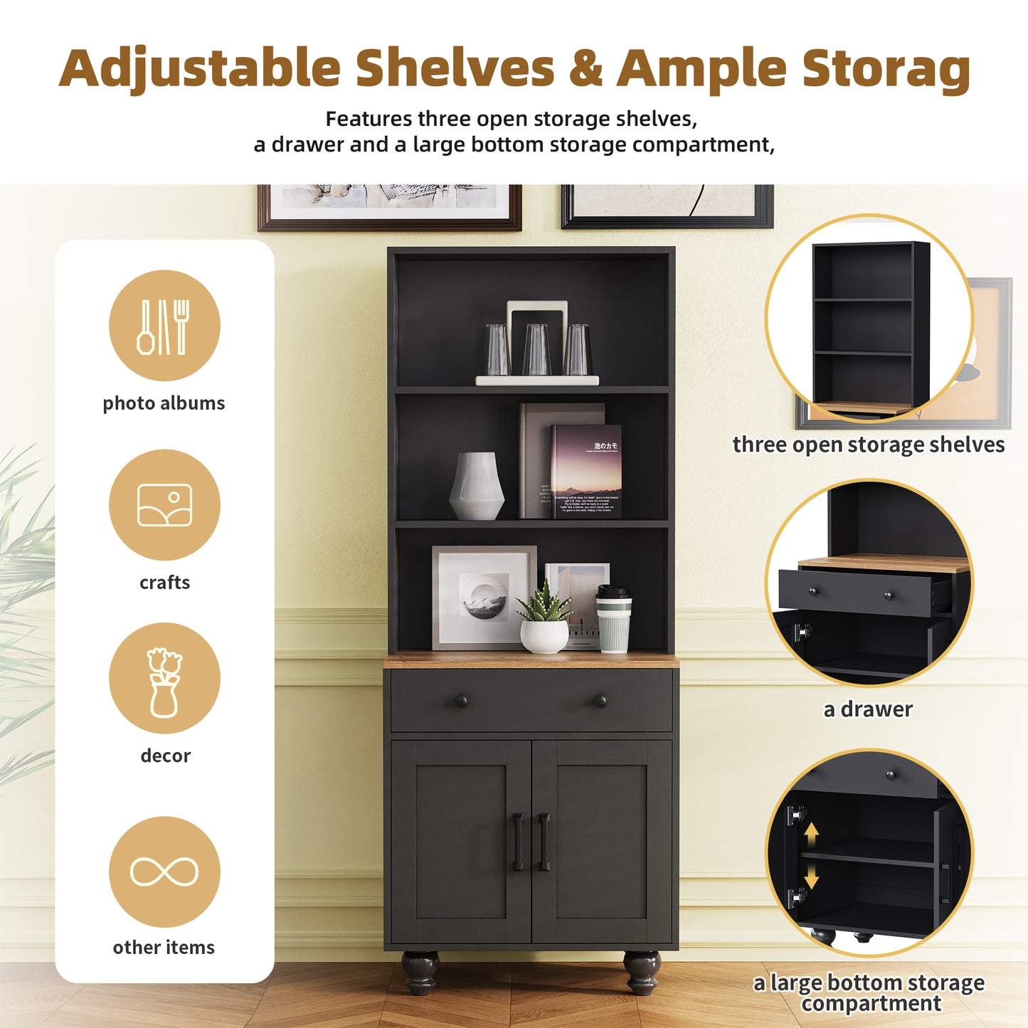 Elegant Black Farmhouse Storage Cabinet with Adjustable Shelves and Gourd-Shaped Legs, Versatile Kitchen Pantry and Bookshelf Solution