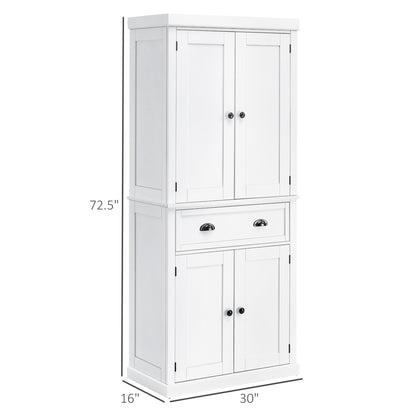 Elegant 72" White Freestanding Kitchen Pantry Cabinet with Adjustable Shelves and Drawer Storage