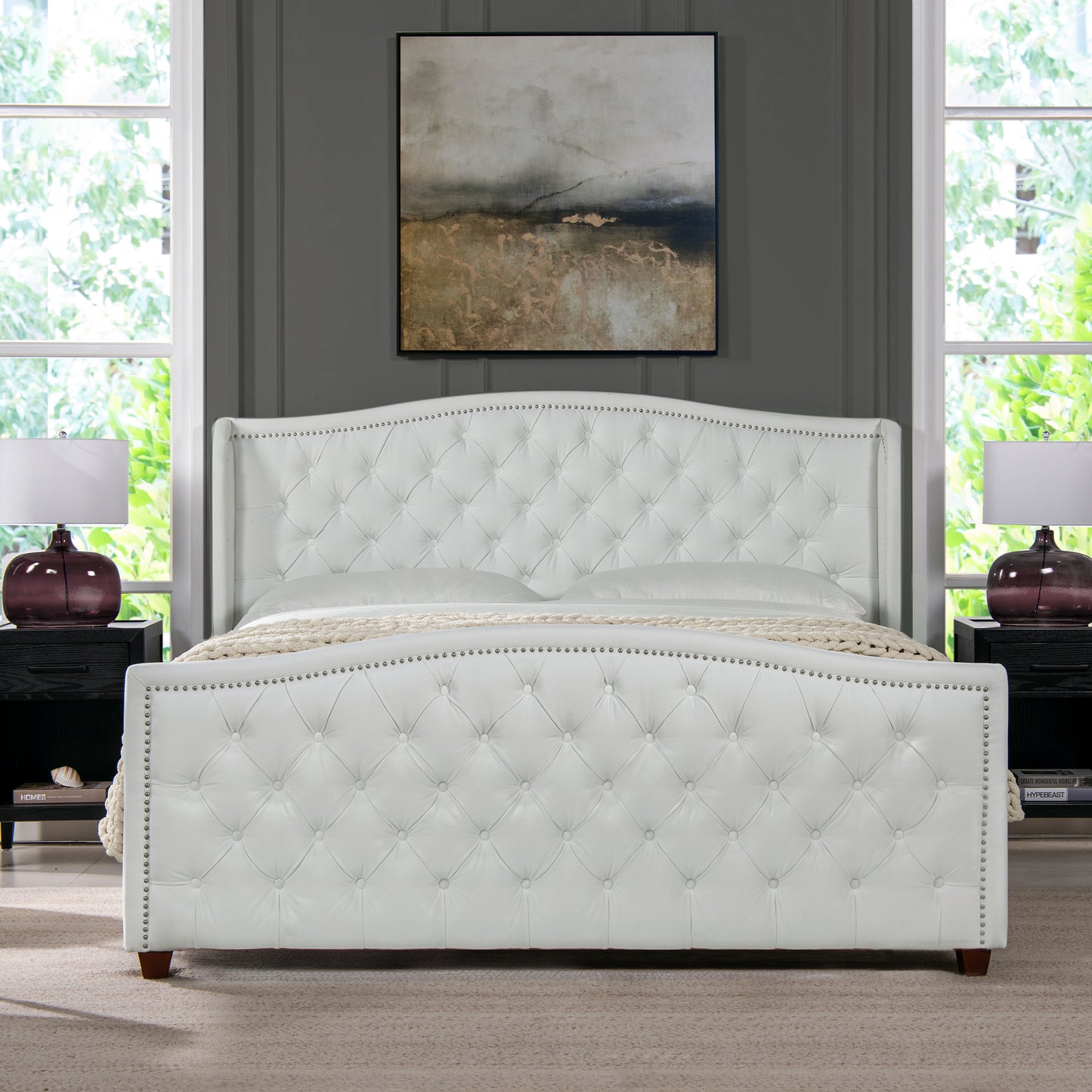 Marcella Luxe King Bed Set with Upholstered Shelter Headboard in Bright White