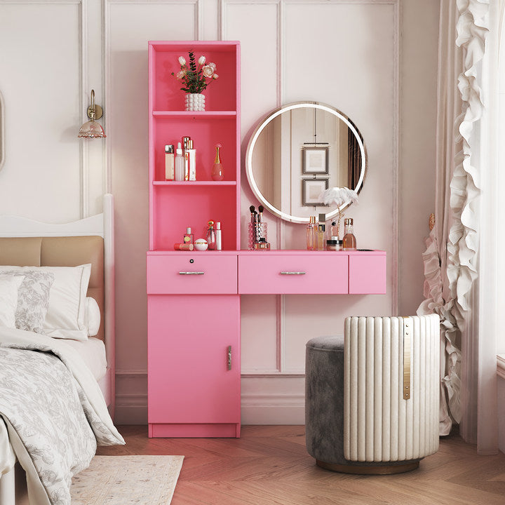 Modern Vanity Desk with Multi-Layer Hair Styling Storage, Compact Makeup Table for Bedroom or Dorm, pink