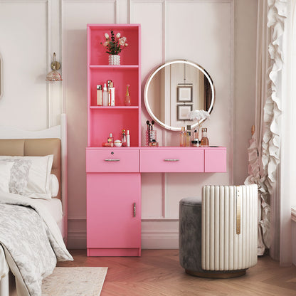 Modern Vanity Desk with Multi-Layer Hair Styling Storage, Compact Makeup Table for Bedroom or Dorm, pink