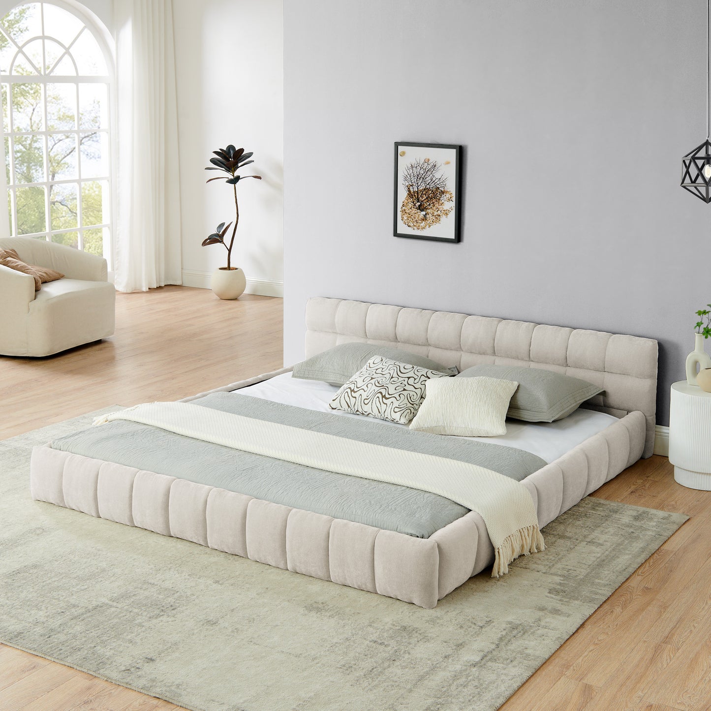 Queen-Size Upholstered Platform Bed Frame with Headboard, No Box Spring, Chenille Fabric Beige