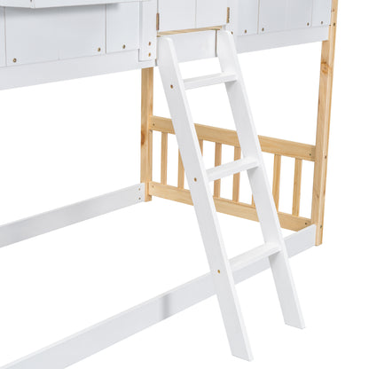 Twin House Bunk Bed for Kids with Roof, Windows, and Safety Features - Natural/White Finish