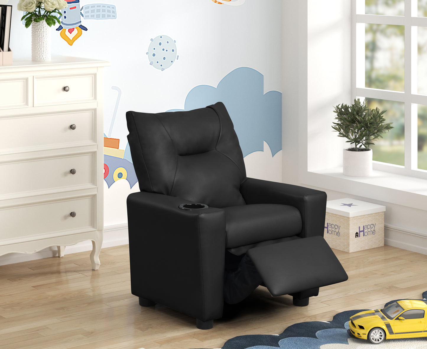 Kids Recliner Chair with Cupholder, 20.5 x 23 x 28 in, PVC Foam Upholstery, Playroom/Bedroom, Black