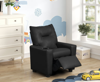 Kids Recliner Chair with Cupholder, 20.5 x 23 x 28 in, PVC Foam Upholstery, Playroom/Bedroom, Black