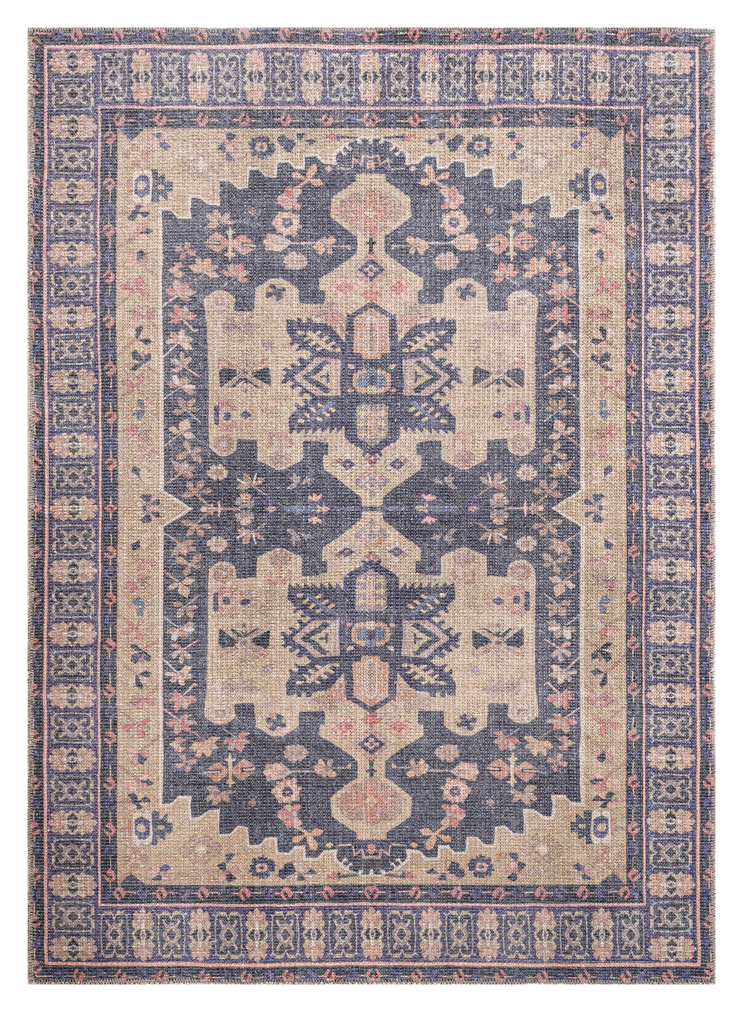 7'6" x 10' Polyester Area Rug, Distressed Pile, Traditional Medallion Border, Loomed, Indoor Purple