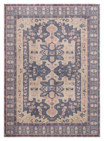 7'6" x 10' Polyester Area Rug, Distressed Pile, Traditional Medallion Border, Loomed, Indoor Purple