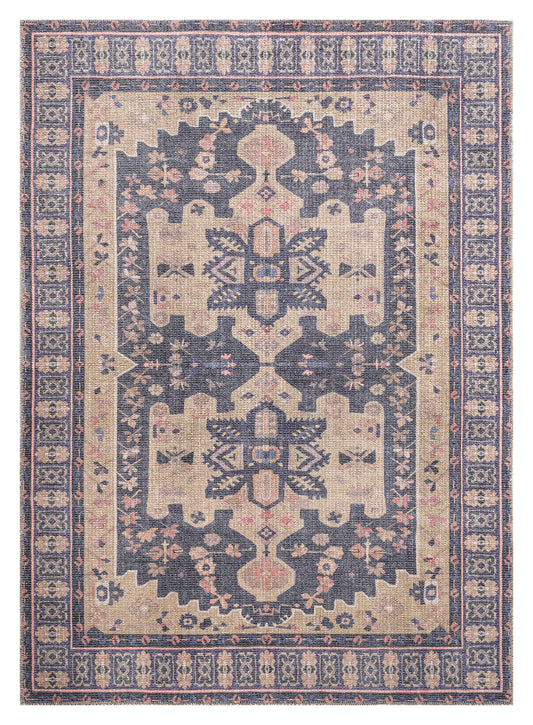 7'6" x 10' Polyester Area Rug, Distressed Pile, Traditional Medallion Border, Loomed, Indoor Purple