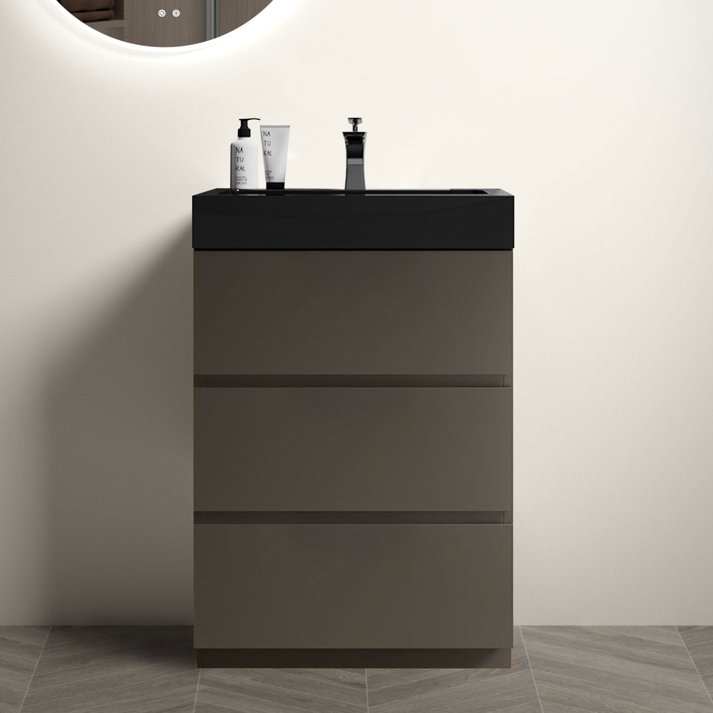 Contemporary 24" Gray Bathroom Vanity with Black Sink Basin, Stylish Freestanding Design for Modern Spaces, Pre-assembled with Ample Storage Solutions