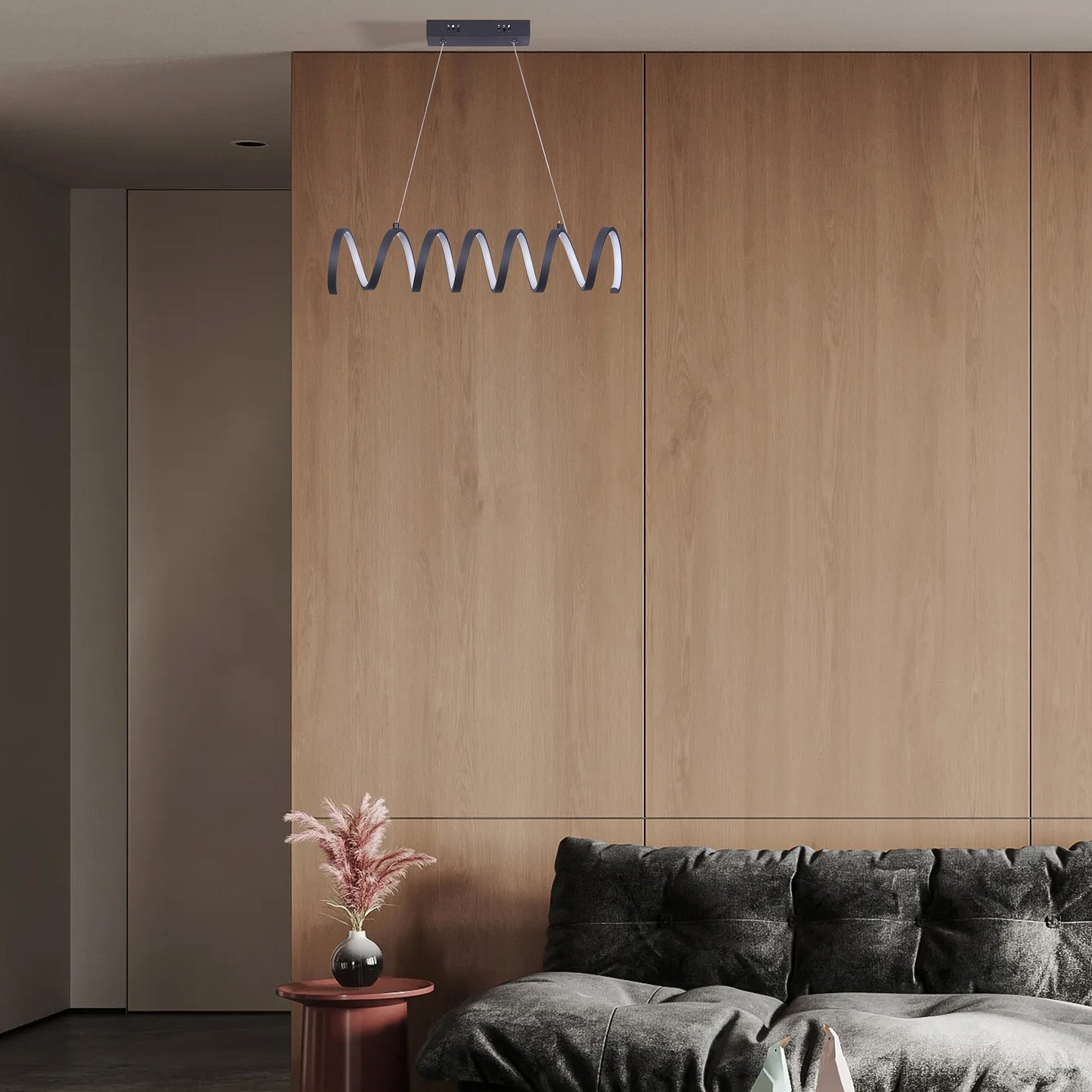 Modern Aluminum Spiral Loop Pendant Light with 14W LED, Adjustable Suspension, 23 in Length Matte Black