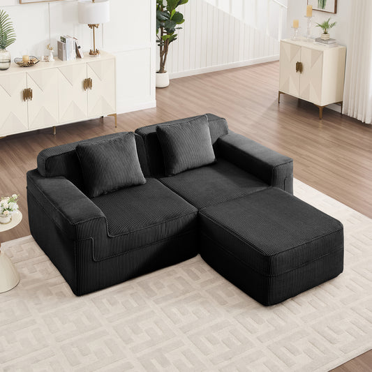 Modular 2-Seat Sectional Sofa with Deep Cushions, Movable Ottoman, Corduroy Fabric, Throw Pillows Black