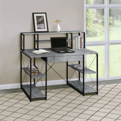 Modern Grey and Black Writing Desk with Open Storage and Hutch