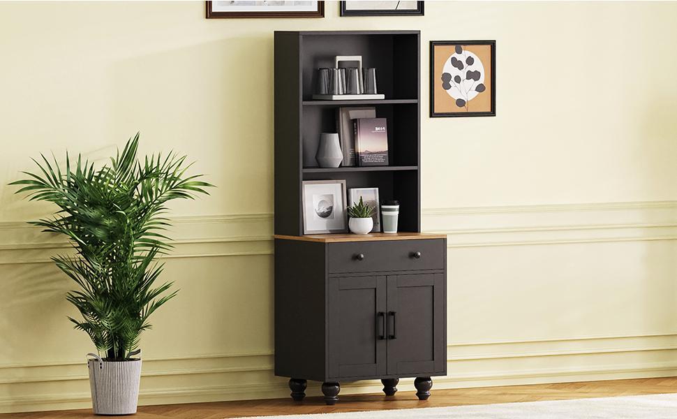 Elegant Black Farmhouse Storage Cabinet with Adjustable Shelves and Gourd-Shaped Legs, Versatile Kitchen Pantry and Bookshelf Solution