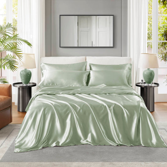 King Satin Luxury Sheet Set, 100% Polyester Satin, Wrinkle-Free, Flat 108x102, 4 Pillowcases, Sage