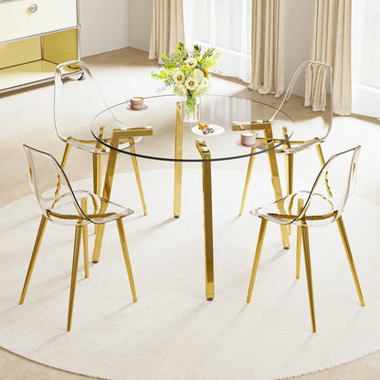 Modern minimalist style circular transparent tempered glass table, tempered glass tabletop, golden metal legs, suitable for kitchen, dining room, and living room, 42 "* 42" * 29.5 "1123r