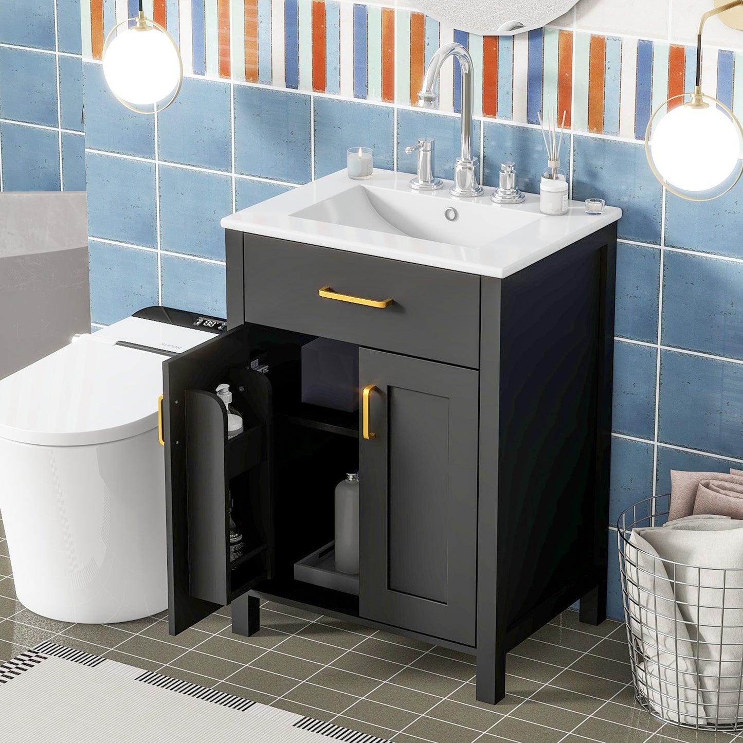 Compact 24" Luxurious Bathroom Vanity Combo with Ceramic Sink and Soft Close Doors