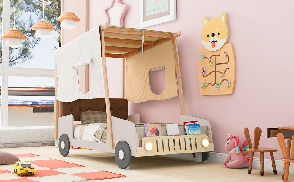 Wood Twin Size Car Bed with LED Lights, Pillow, Ceiling Cloth, Solid Pine and MDF Bed Frame Natural