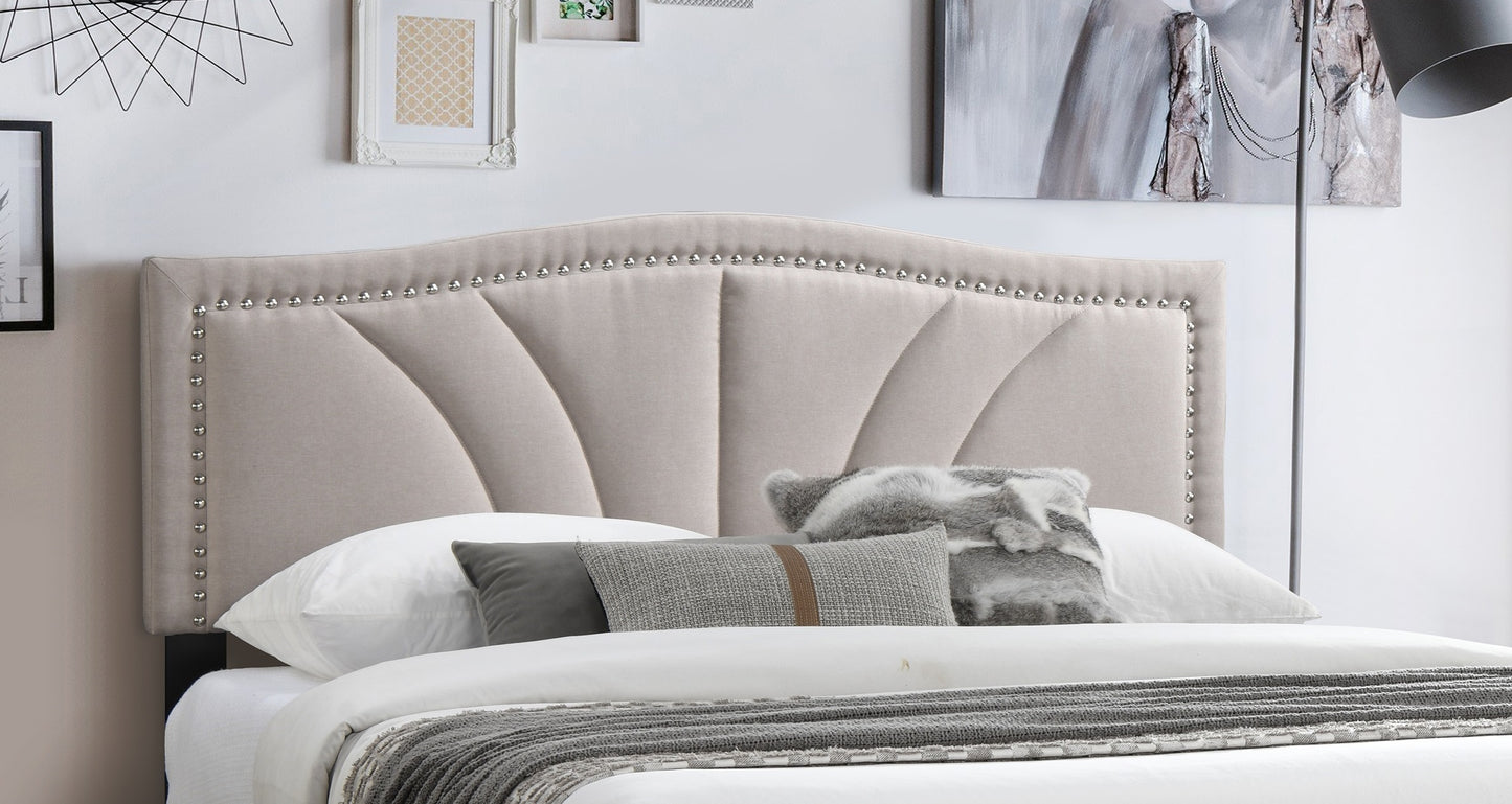 Chic Vintage Queen Bed with Light Brown Burlap Fabric and Nailhead Trim Headboard