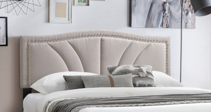 Chic Vintage Queen Bed with Light Brown Burlap Fabric and Nailhead Trim Headboard