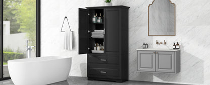 Black Tall Storage Cabinet with Adjustable Shelves, Doors, and Drawers - MDF Construction