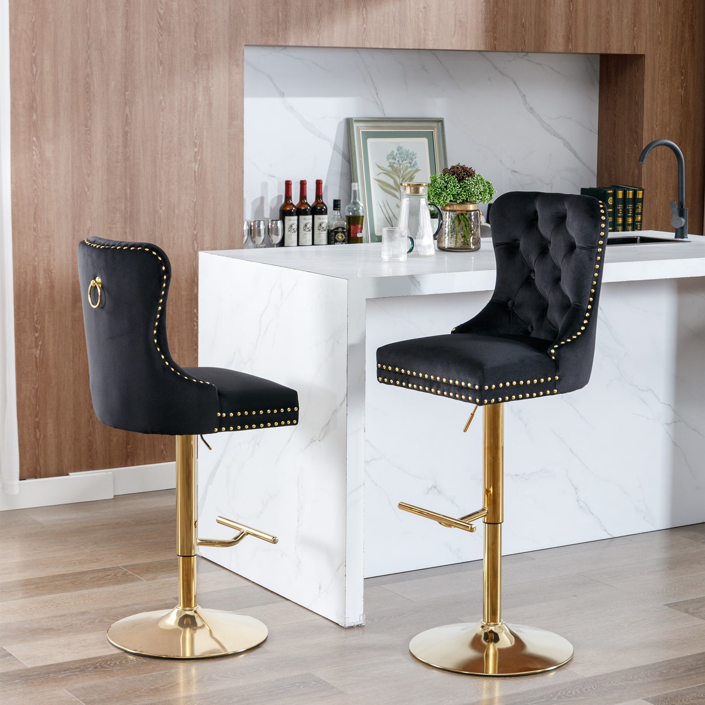 Black Velvet Bar Stools Adjustable Height 27 To 35 Inches