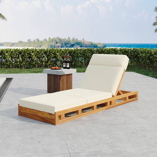 Outdoor Acacia Wood Lounge Chaise Set With Headrest 79 Inch Length Water Resistant Cushions 3 Fold 4 Inch Thick Beige