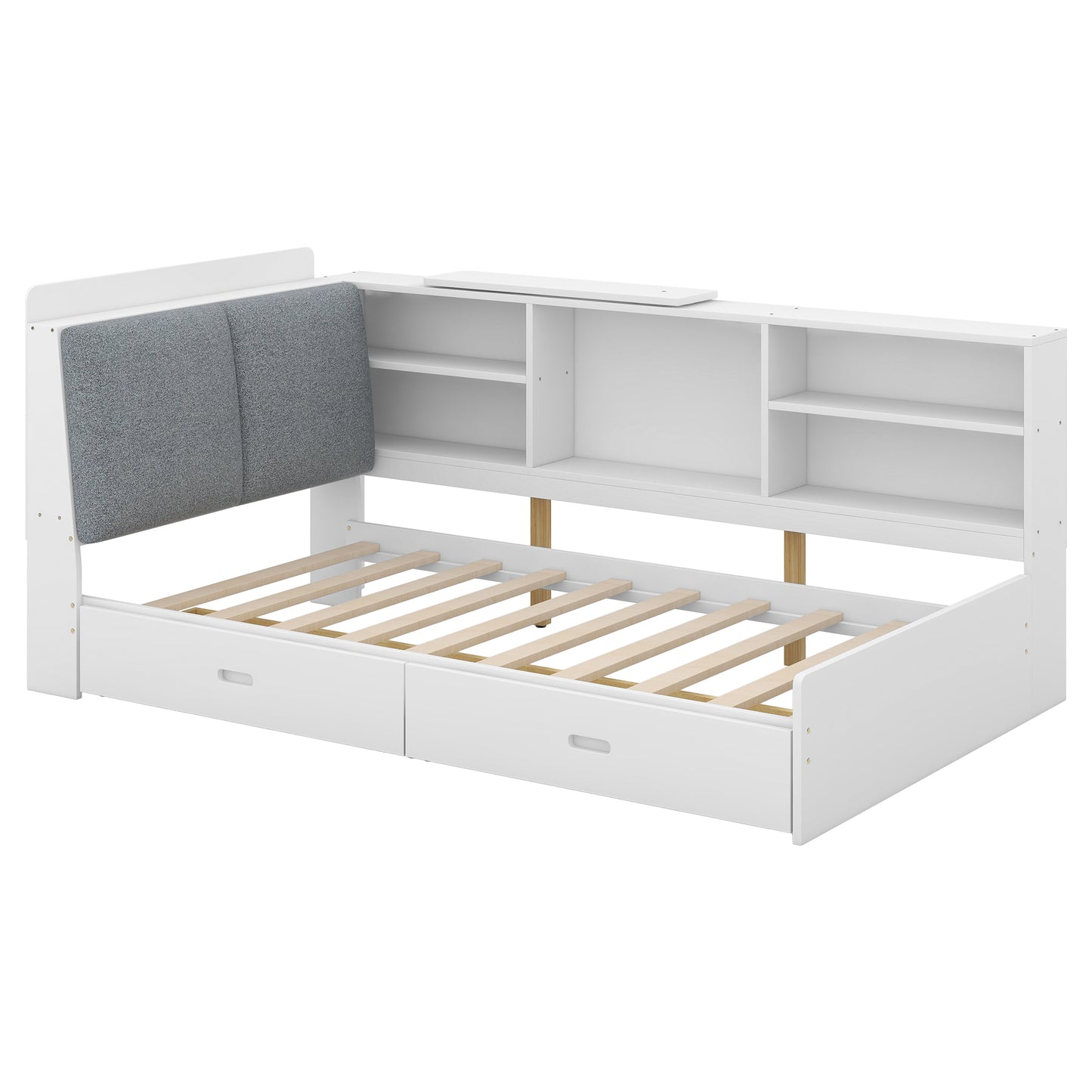 Elegant White Twin Size Platform Bed with Storage Headboard, Shelves, and Drawers