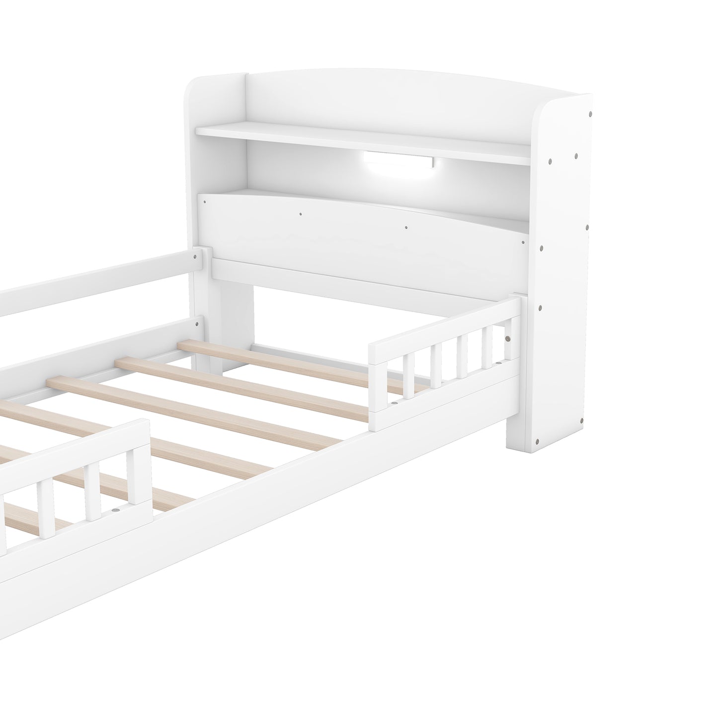 Contemporary Twin Wooden Platform Bed with LED Headboard Storage and Safety Guardrails in White