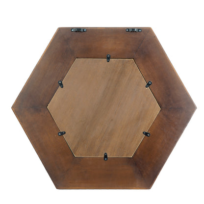 Hexagonal Teak Wood Framed Mirror - 18.5" Wall Decor for Living Room, Bathroom, or Hallway in Dark Brown