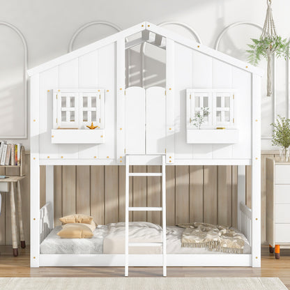 Charming Twin Over Twin House Bunk Bed with Roof and Window Features, Safety Guardrails and Ladder, White