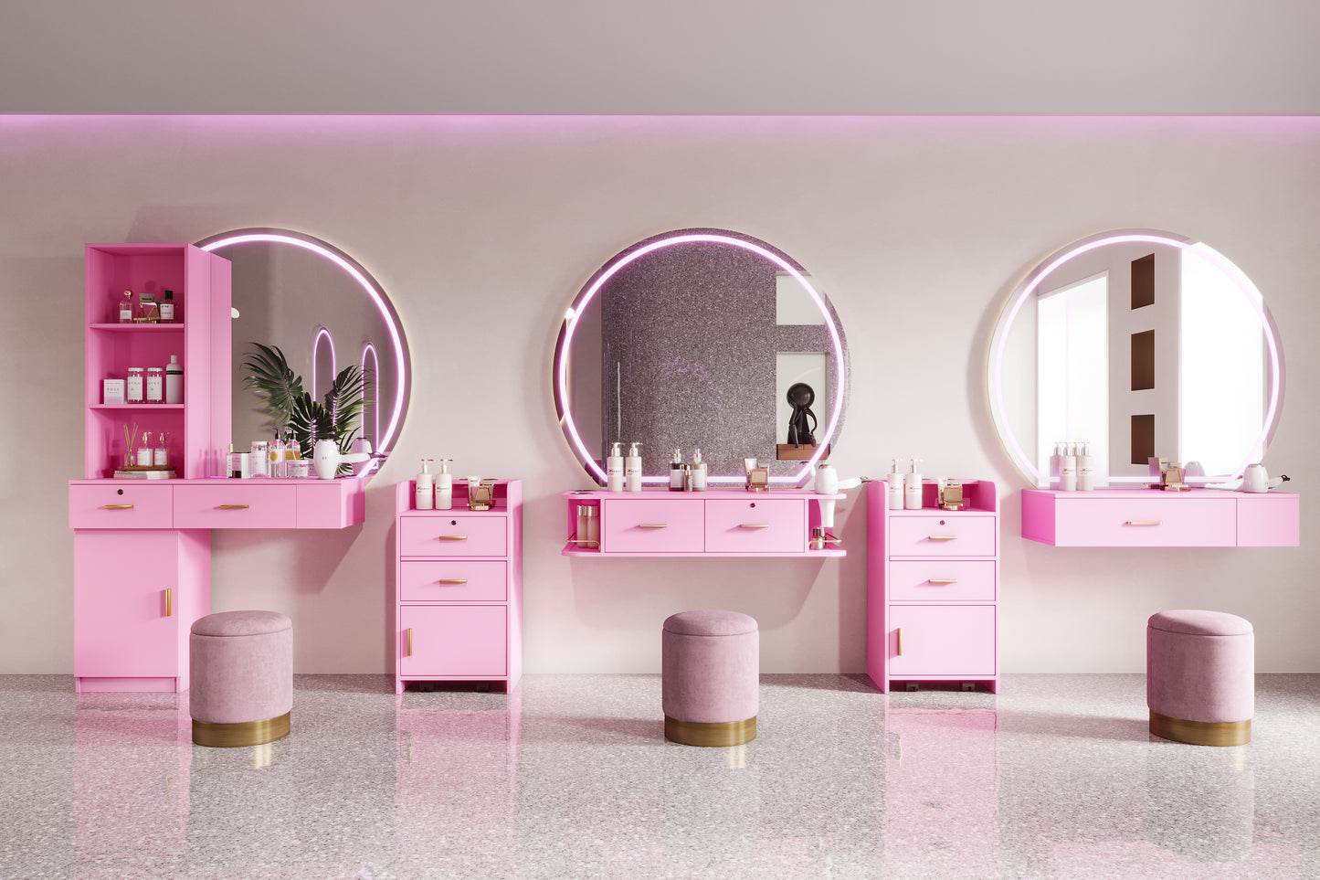 Modern Vanity Desk with Multi-Layer Hair Styling Storage, Compact Makeup Table for Bedroom or Dorm, pink