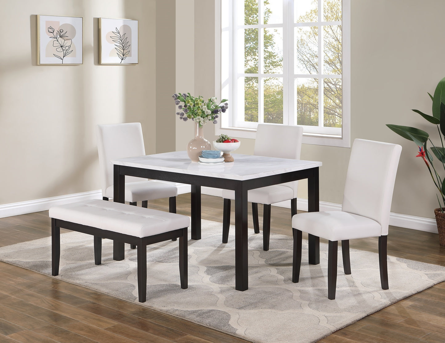 Faux Marble Top 5Pc Dining Set With Bench And Chairs White