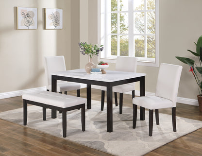 Faux Marble Top 5Pc Dining Set With Bench And Chairs White