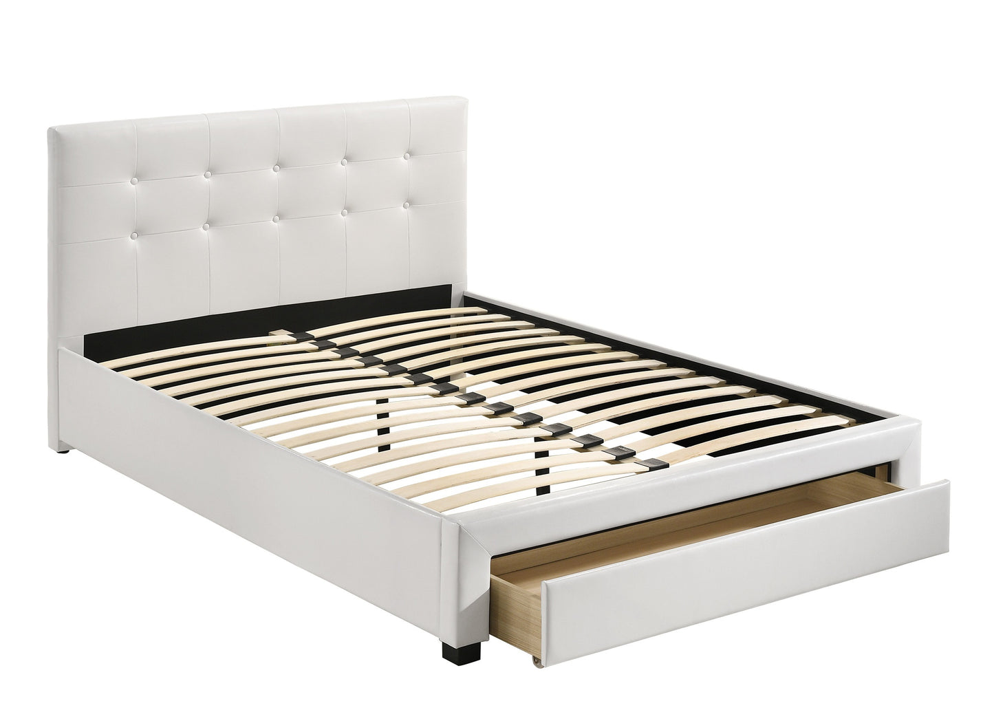 Elegant White Queen Size Bed with Faux Leather Upholstery and Under Bed Storage