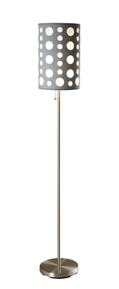 62-Inch Retro Floor Lamp with Chrome Frame, Dual-Layer Fabric Shade, Pull-Chain, UL Listed Grey/White
