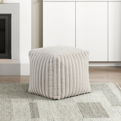 Square Corduroy Pouf Ottoman, Plush Bead-Filled Cushion, Non-Slip, 16x16x16, Modern Footstool, Off White