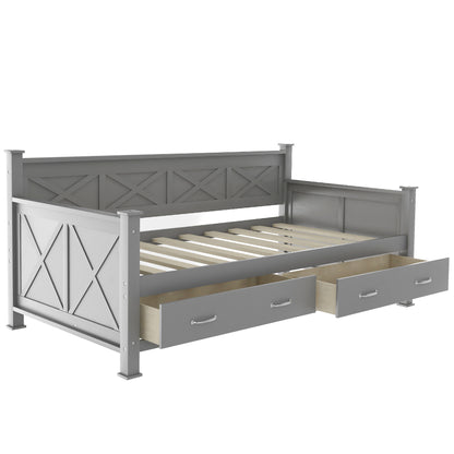 Elegant Twin Size Daybed with Spacious Drawers, X-Frame Design, Modern Rustic Appeal in Gray