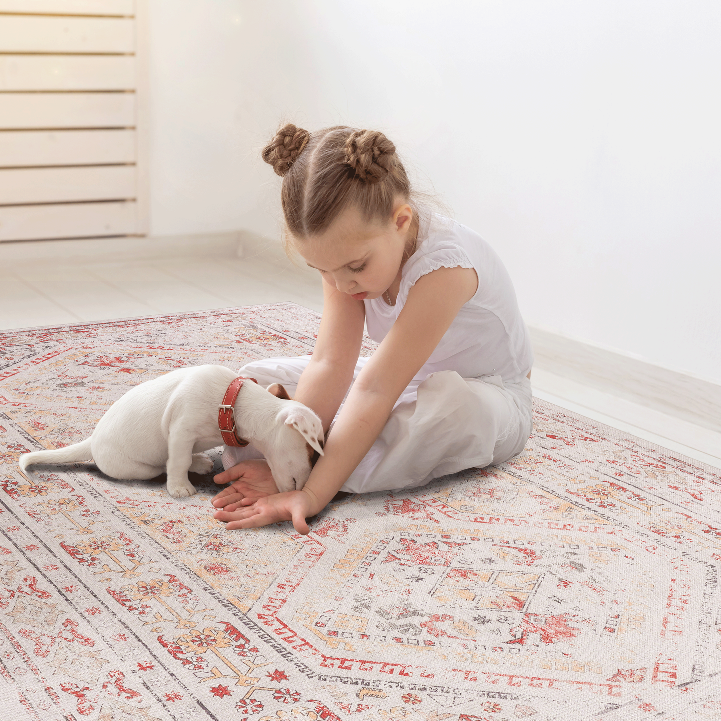 Machine-Washable 5x8 Low-Pile Area Rug with Non-Slip Backing, Non-Shedding, Foldable, Kid & Pet Beige