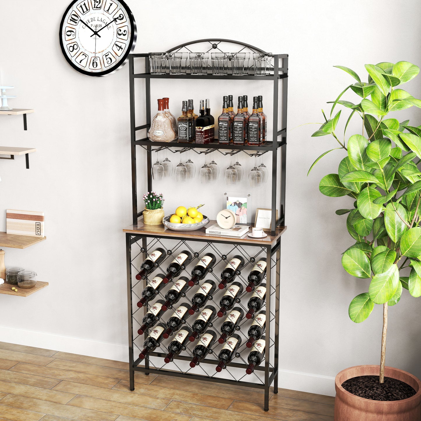 Industrial 3 Tier Wine Rack Table With Wood Shelves